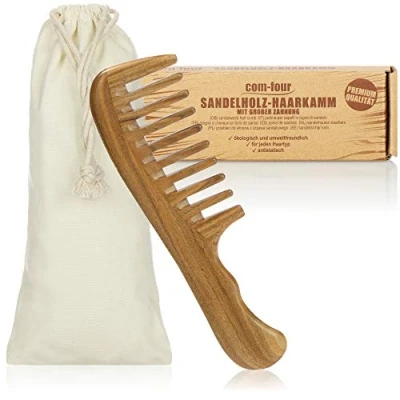 Immagine di com four® Pettine per Capelli in Legno di Sandalo Premium con Denti grossi sostenibile (Pettine 1 Parte)