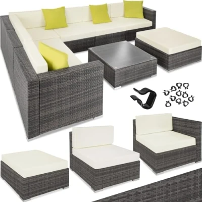 Immagine di TecTake® Set Lounge da Giardino Marbella in Polyrattan, Telaio Alluminio, Tavolino Salotto con Ripiano Vetro, Comode Poltrone, Cuscini Accessori Inclusi Grigio