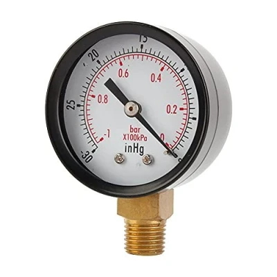 Immagine di Manometro, quadrante da 5,1 cm, doppia scala, per compressore d&#039;aria, acqua, olio, gas, 1/4&quot; NPT montaggio inferiore MF, 30 &quot;Hg vuoto/kpa, precisione +/ 4/3/4%