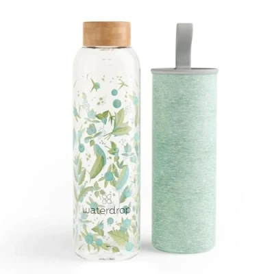 Immagine di Borraccia per Acqua waterdrop® Bottiglia in Vetro 600 ml Con fodera neoprene e chiusura ermetica Lavabile lavastoviglie Senza BPA Sostenibile Riutilizzabile