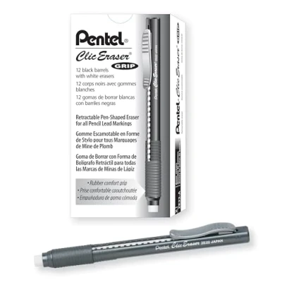 Immagine di Pentel ZE22A, Clic Eraser Grip, gomma retrattile, canna nera, confezione da 12