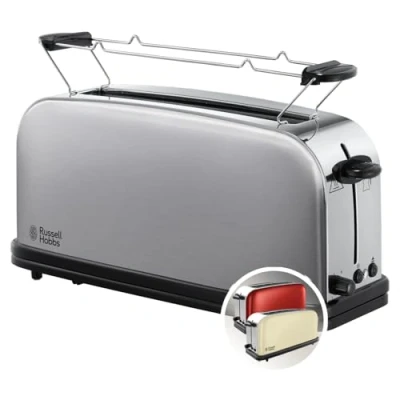 Immagine di Russell Hobbs Tostapane Design Lungo per 2 Fette o 1 Fetta larga di pane Acciaio Inox Satinato; Scomparto Toast extra ampio, 6 livelli doratura e Scongelamento; 1000W Adventure 21396 56