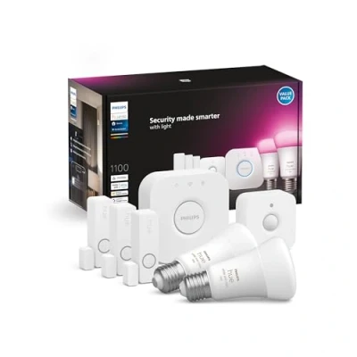 Immagine di Philips Hue Secure, StarterKit, Lampadina Smart, Luce da Bianca a Colorata, 9W, 3 Sensori di Contatto, Sensore Movimento, Bridge