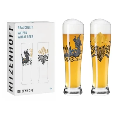 Immagine di Ritzenhoff 3481010 Bicchieri da birra a grano, 500 ml, set 2 pezzi, motivo rune, oro e nero, made in Germany