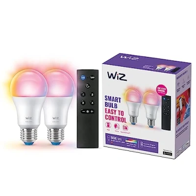 Immagine di WiZ Lampadina Smart+Telecomando WiZmote, Luce Bianca o Colorata Dimmerabile, E27, 2 pezzi, 60W, WiFi, Tecnologia SpaceSense, Controllo Vocale
