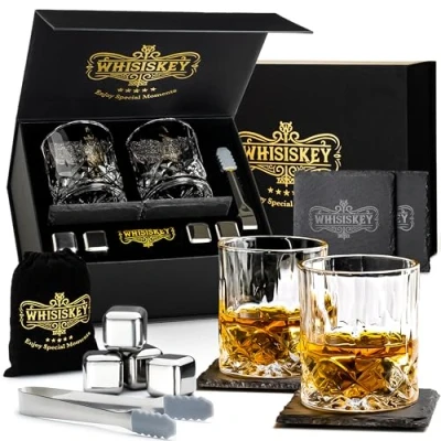 Immagine di WHISISKEY Set Bicchieri da Whisky Regalo Idee Uomo Compleanno Scatola Regalo, 2 x 310ML, 4 Cubetti di Ghiaccio Riutilizzabili, Accessori