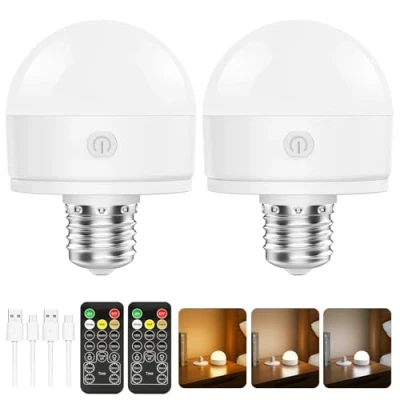 Immagine di Suright 2 Pezzi Lampadina Ricaricabile USB C con Telecomando, 3 Temperature di Colore Dimmerabile, LED E27 Staccabile Timer, a Batteria per Lampade Non Cablate, Decorazione