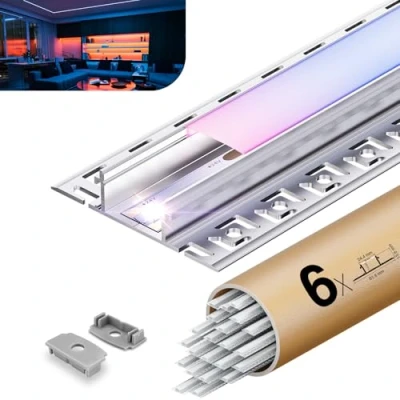 Immagine di KOSOOM 6 x Profilo LED per strisce 2 Metri 12 m, Copertura Opaca, Dimensioni 24,4 mm 13,8 alette 61,8 mm, Supporta di larghezza inferiore o uguale a 20 SA02