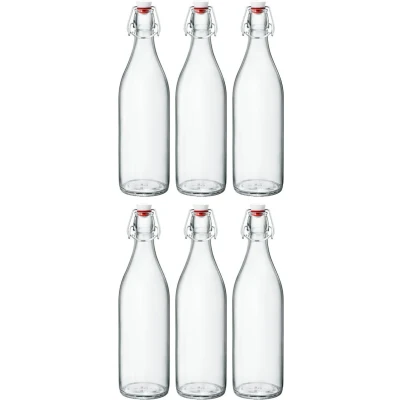 Immagine di Bormioli Giara Bottiglie di vetro con chiusura ermetica, 6 pezzi Capacità: 1000 ml Altezza totale: 26,5 cm Perfette per olio, grappa o servire acqua, succhi frutta e vino