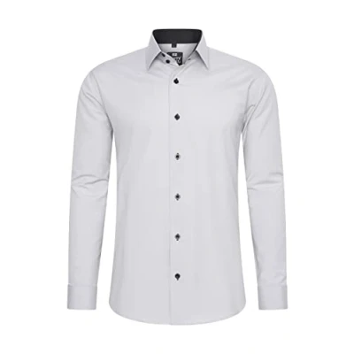 Immagine di Rusty Neal Camicia da uomo di alta qualità, slim fit, a maniche lunghe, elasticizzata, contrasto, per il tempo libero, grigio chiaro, S