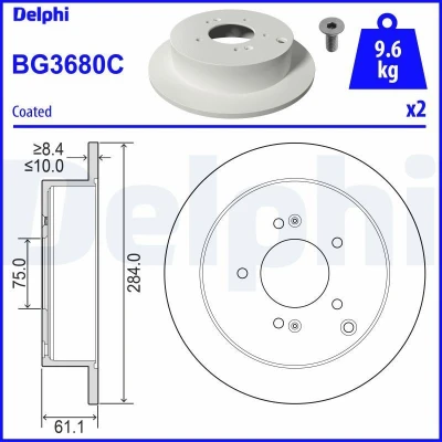 Immagine di DELPHI BG3680C Disco freno 284 10 5 pieno rivestito non trattato senza cuscinetto ruota, anello sensore ABS HYUNDAI: Tucson, ix35, Santa Fe I