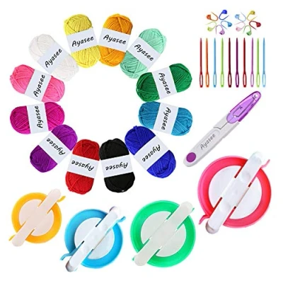 Immagine di Kit creatore di pompon, tessitore aghi, 4PSPompom Maker+12PS filato acrilico+20PS punti per maglia a aghi+1PS forbici (37c)