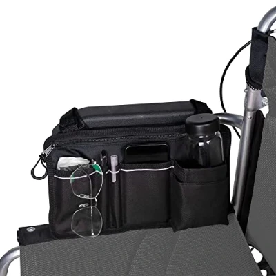 Immagine di Borsa laterale per sedia a rotelle, doppia faccia bracciolo con presa tazza e striscia riflettente, la maggior parte delle sedie camminatori o Rollators