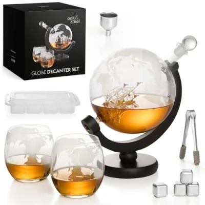 Immagine di Oak &amp; Steel Set per Whisky Globo Decanter 1500 ml Include Bicchieri, Pietre e Tappo in Vetro Confezione con Design Raffinato