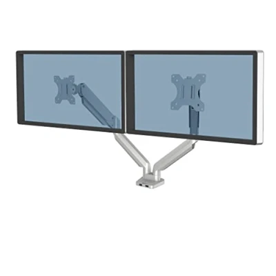 Immagine di Fellowes 8056501 Braccio monitor doppio Platinum Series con funzioni di oscillazione, inclinazione, rotazione, 2 porte USB, dimensioni massime 27&quot; (9 kg), colore argento