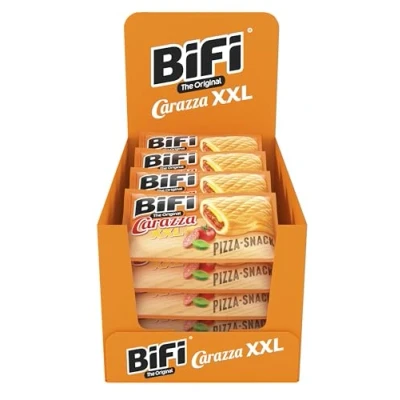 Immagine di BiFi Carazza Original XXL, Pizzette Snack, Mini in Formato Tascabile, Per Viaggi, Ufficio e Pausa Pranzo, Con Salame, Salsa Alla Pizza Formaggio, Confezione da 16 (16 X 75 g)