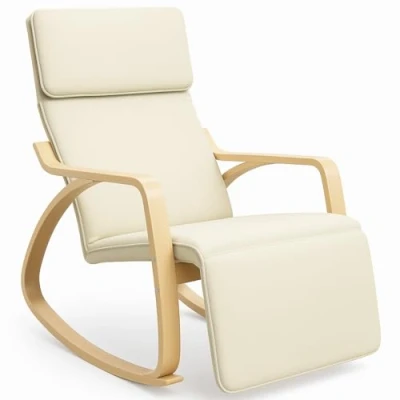 Immagine di BAKAJI Sedia a Dondolo in Legno di Betulla con Rivestimento Cotone Imbottito Spugna Altissima Densità, Oscillante Relax Poggiapiedi Regolabile e Cuscino, (Beige)
