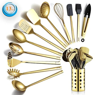 Immagine di Berglander set di utensili da cucina in acciaio inossidabile color oro 13 pezzi con placcatura titanio, portautensili, lavabile lavastoviglie