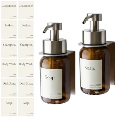 Immagine di Design Amburgo Porta Sapone Doccia e Bagno in Vetro Autoadesivo Supporto Dispenser da Parete Pompa Acciaio Inossidabile Senza Buchi Grigio Argento 250 ml 2 pezzi