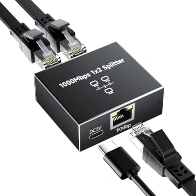 Immagine di GlasFlength Switch Ethernet 2 Porte 1000Mbps Alluminio Sdoppiatore Gigabit Splitter Etherne t RJ45 1 a LAN con Cavo di Alimentazione USB C per Computer HUB Switc h Set top Box TV