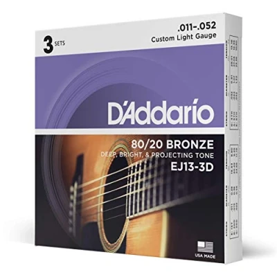 Immagine di D&#039;Addario Corde chitarra Acustica per EJ13 3D in bronzo 80/20 acustica, scalatura custom leggera, 11 52, 3 mute