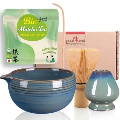 Immagine di Goodwei Set di Matcha Completo Tazza Cerimoniale con frusta e cucchiaio incl. Tè Biologico Giapponese (Menouseki Bocca)