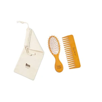 Immagine di TEK Kit da Borsetta: Spazzola Ovale Piccola e Pettine Piccolo Rado Arancioni con Custodia in Cotone, Handmade Italy