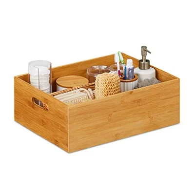 Immagine di Relaxdays Box in bambù, Portaoggetti, Design Aperto, Versatile, Misure HLP 14x40x30cm, Cassette Bagno e Cucina, Naturale