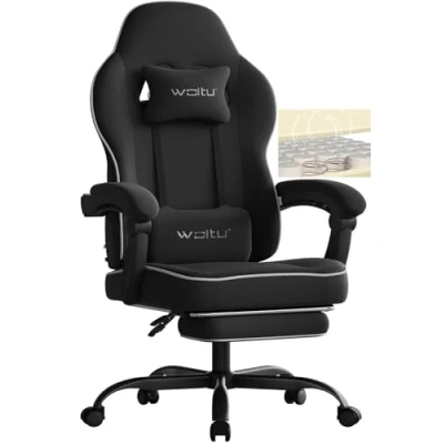 Immagine di WOLTU Sedia gaming, Ampia da Ufficio Ergonomica Imbottita con Cuscino a Molla, Alta Capacità di Carico, per Computer Schienale Alto e Poggiapiedi, Tessuto Tecnologico, Nero, GS10sz