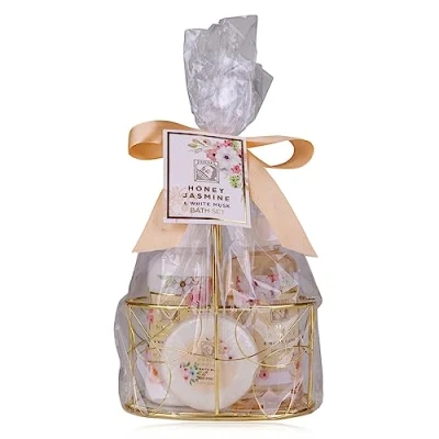 Immagine di Accentra Set doccia da donna Honey JASMINE in un bellissimo cesto metallico di 3 pezzi con gel doccia, lozione per il corpo e sapone regalo compleanno, San Valentino