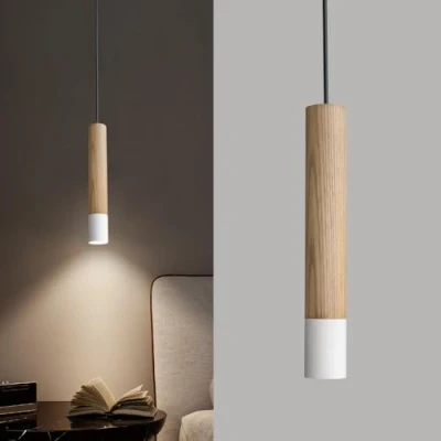 Immagine di ouglres Lampada a sospensione monoluce, in legno bianco, vintage, Gu10, regolabile altezza, per comodino, camera da letto, cucina, tavolo pranzo, soggiorno, bar, design