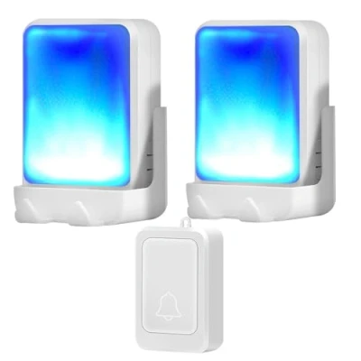 Immagine di campanello con 7 colori di luce intensa e 4 volumi, senza fili da 182,9 m, a casa/ufficio, adatto per anziani, persone problemi udito, 1 trasmettitore 2 ricevitori