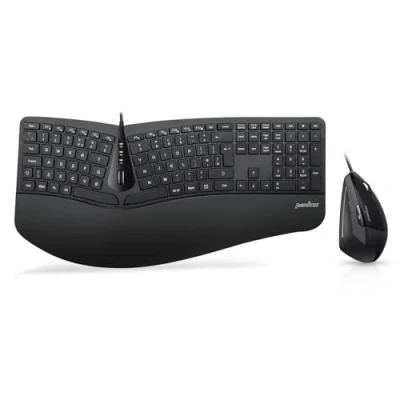 Immagine di Perixx Periduo 505, tastiera ergonomica cablata e mouse verticale Combo con poggiapolsi regolabile tasti a basso profilo membrana, layout UK