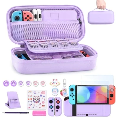 Immagine di Custodia NS Switch innoAura Accessoires pour 18 In 1 Con Per Il Trasporto, Gioco, Protezione Schermo, Supporto Switch,Thumb Grips(viola)