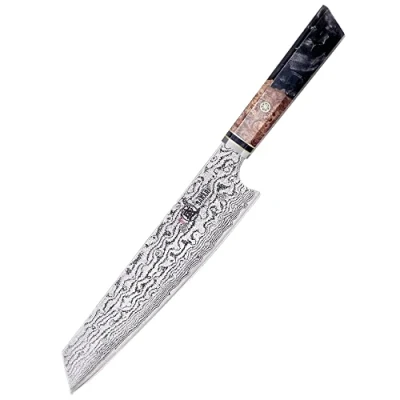Immagine di MITSUMOTO SAKARI 22 cm Coltello Kiritsuke da Cucina In Acciaio AUS 10 Damasco, Coltelli Professionali Forgiato a Mano (Manico Legno Di Melograno Shadowwood e Confezione Regalo)