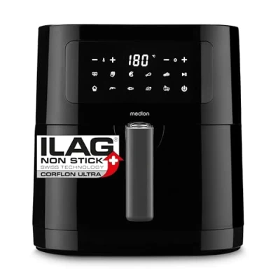 Immagine di MEDION Friggitrice ad aria calda E40 XL (cestello di frittura da 5,3 litri, 2.150 watt, 9 programmi automatici, funzione cottura, senza olio, pannello controllo touch, display LED)