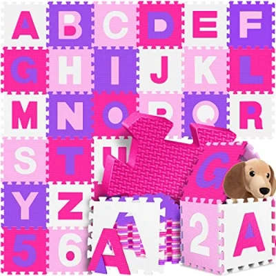 Immagine di KIDIZ® tappeto puzzle da 86 pezzi gioco per bambini tappetino in gommapiuma stuoia numeri e lettere protettivo (Rosa)