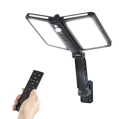 Immagine di Moman Faretto LED da Esterno Solare, 218 Luce Solare con Sensore di Movimento 5 Modalità 4400mAh Impermeabile IP65 Lampada Telecomando per Garage Patio,