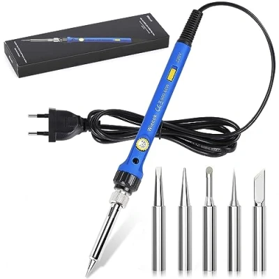 Immagine di Saldatore a Stagno, Wiecok 60W di Precisione Professionale con Temperatura Regolabile 200 480 ℃, Interruttore ON/OFF, 5 Punte, Kit per Piccole Riparazioni
