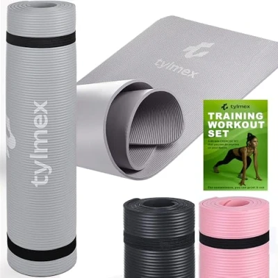 Immagine di Tylmex NBR Tappetino da yoga antiscivolo con tracolla e tracker Habit spessore 8 mm ginnastica per allenamento a casa grigio chiaro