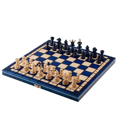 Immagine di Master of Chess Scacchiera in Legno 35cm Fatto a Mano Portatile Blu Set di Scacchi Pieghevoli per Bambini e Adulti