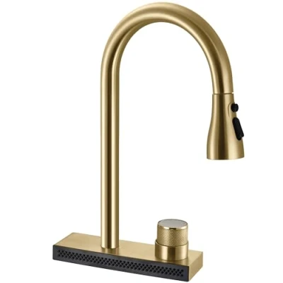 Immagine di Rea Rubinetto da cucina CONOR BRUSH GOLD Miscelatore lavello in ottone monocomando caldo e freddo regolabile (Oro)