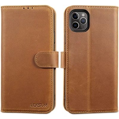 Immagine di Lensun Cover per iPhone 11 Pro Max, Custodia in Vera Pelle [Blocco RFID] Libro con Portafoglio Chiusura Magnetico Flip Custodie Cuoio Telefono Max Marrone Retrò