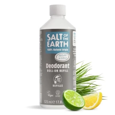 Immagine di Natural Deodorant Roll On Refill by Salt of the Earth, Vetiver &amp; Citrus Vegan, Long Lasting Protection, Leaping Bunny Approved, Made in UK 525ml