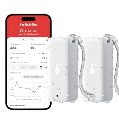 Immagine di SwitchBot IP65, igrometro per interni ed esterni, termometro Bluetooth con punto di rugiada/VPD/sensore umidità assoluto, esterno, memorizzazione dati serra, cantina, confezione da 2