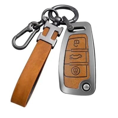 Immagine di RXXR Custodia per chiave auto compatibile con Audi A1 A3 A4 A6 A8 Quattro Q3 Q7 S3 S6 RS3 RS6 R8 TT TTS 3 pulsanti Flip Key Case Cover in lega di zinco portachiavi pelle cordino