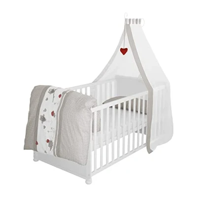 Immagine di roba Lettino Completo Adam e Eule, 70 x 140 cm, Legno Bianco, Con Federa, Copripiumino, Materasso, Baldacchino, Trasformabile in Letto Junior