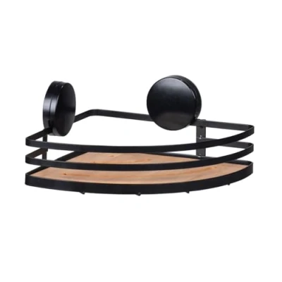 Immagine di WENKO Superficie d&#039;appoggio angolare Static Loc® Plus Alba per stanza da bagno, in acciaio verniciato e bambù sostenibile, fissaggio senza perforazione, 27,3 x 21 10,8 cm, nero/al naturale