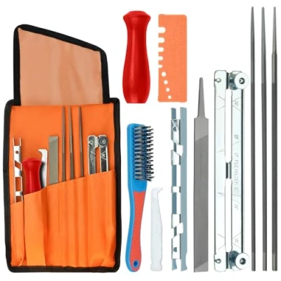 Immagine di Affila Catena Motosega Kit, 11 Pz Affilatore Motosega, 3 Lime Rotonde per Catene di 4/4.8/5.5mm e 1 Lima Piatta Kit Professionale Lucidatura