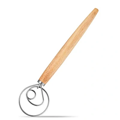 Immagine di PIQIUQIU Danish Dough Whisk Frusta in acciaio INOX con manico legno, asta di alta qualità e agitatore per pasticceria, pizza